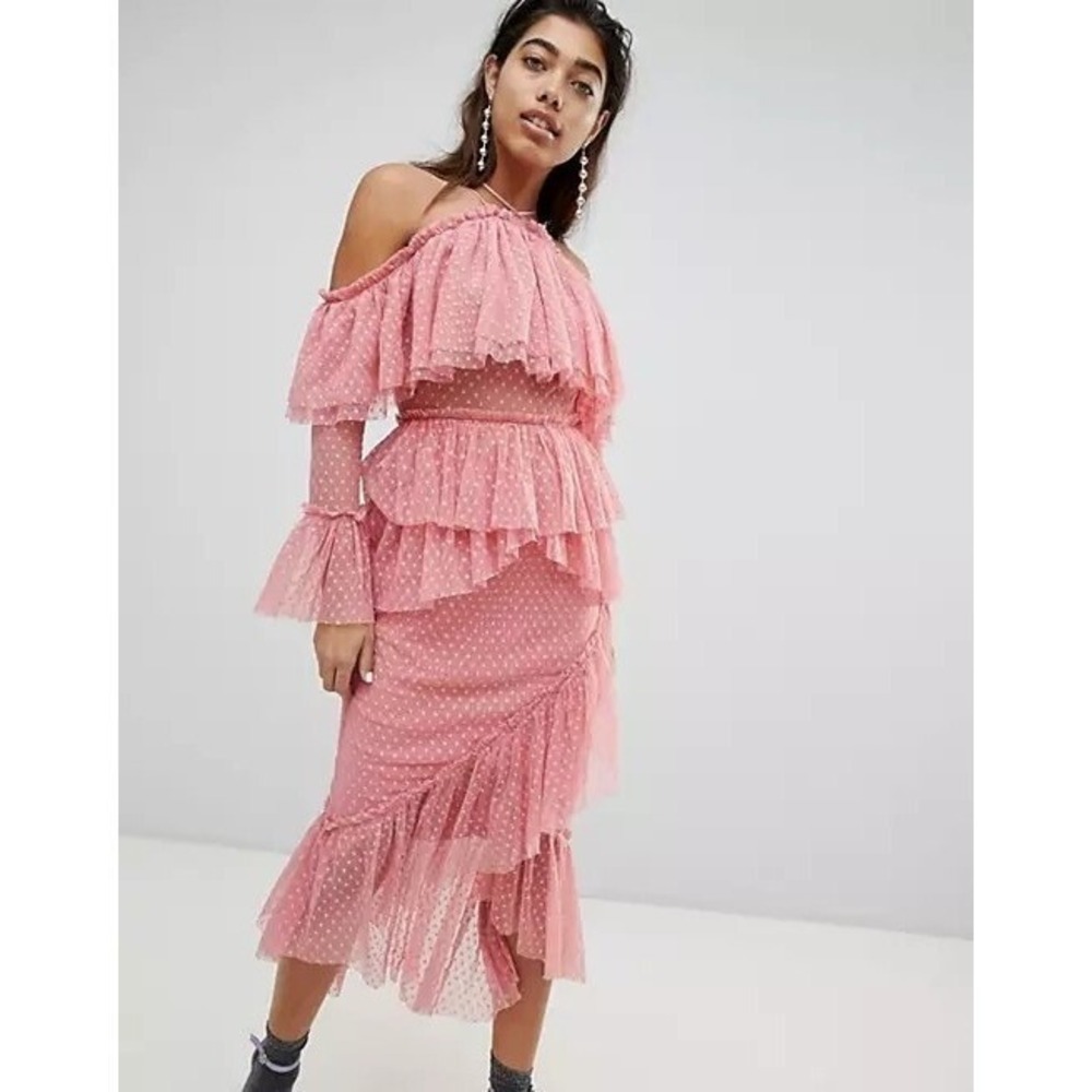 ASOS Dobby Mesh Midi Dress With Asymmetric‎ Ruffles 6 - Picture 2 of 10